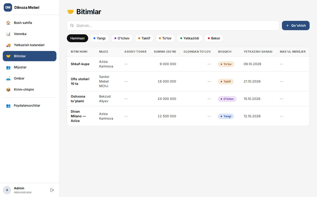 CRM jadvali: qidiruv va filtrlar